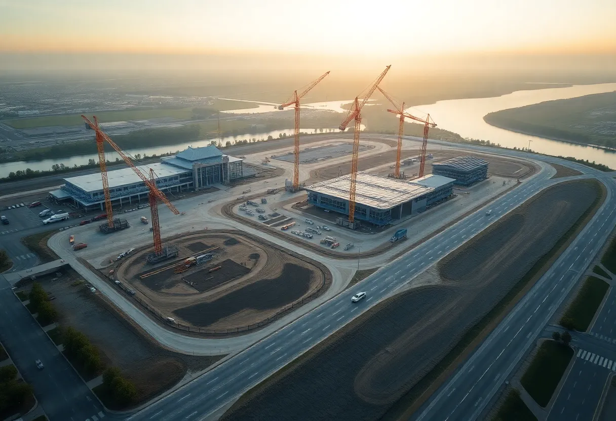 Aerial view of casino and racetrack construction site spanning two large parcels near a river